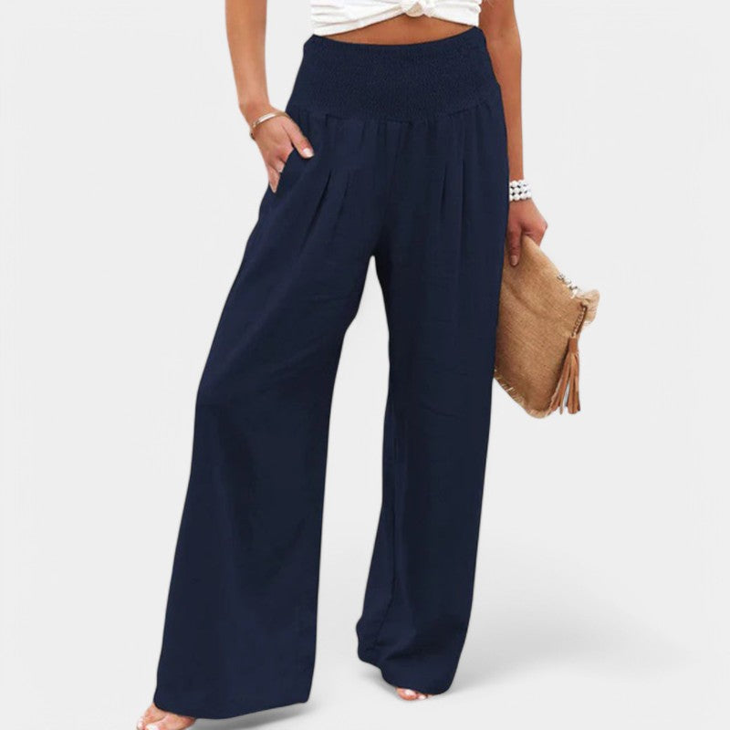 Effortless Linen Pants for Women with Smocked High Waist Wide Leg Flowing Casual Style