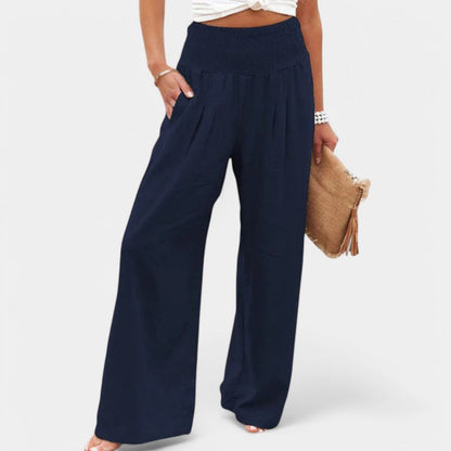 Effortless Linen Pants for Women with Smocked High Waist Wide Leg Flowing Casual Style