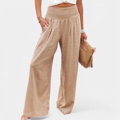 Effortless Linen Pants for Women with Smocked High Waist Wide Leg Flowing Casual Style