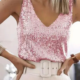 Elegant Sequin Tank Top for Women with V Neck Sleeveless Fitted Sparkle Party Style