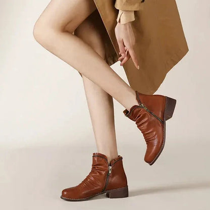 Stylish Brown Leather Boots for Women with Side Zip Round Toe Slouch Casual Style