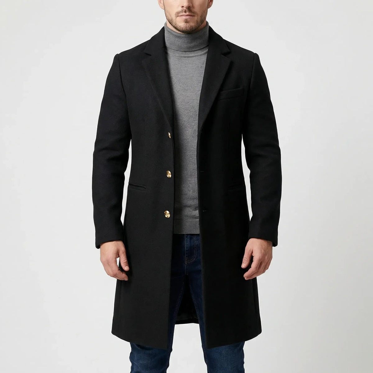 Cozy Wool Long Overcoat for Men with Notched Lapel Long Sleeve Button Front Tailored Winter Style