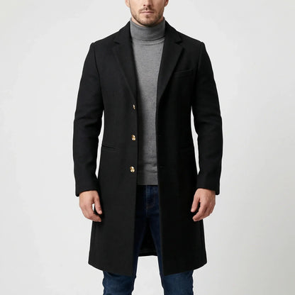 Cozy Wool Long Overcoat for Men with Notched Lapel Long Sleeve Button Front Tailored Winter Style