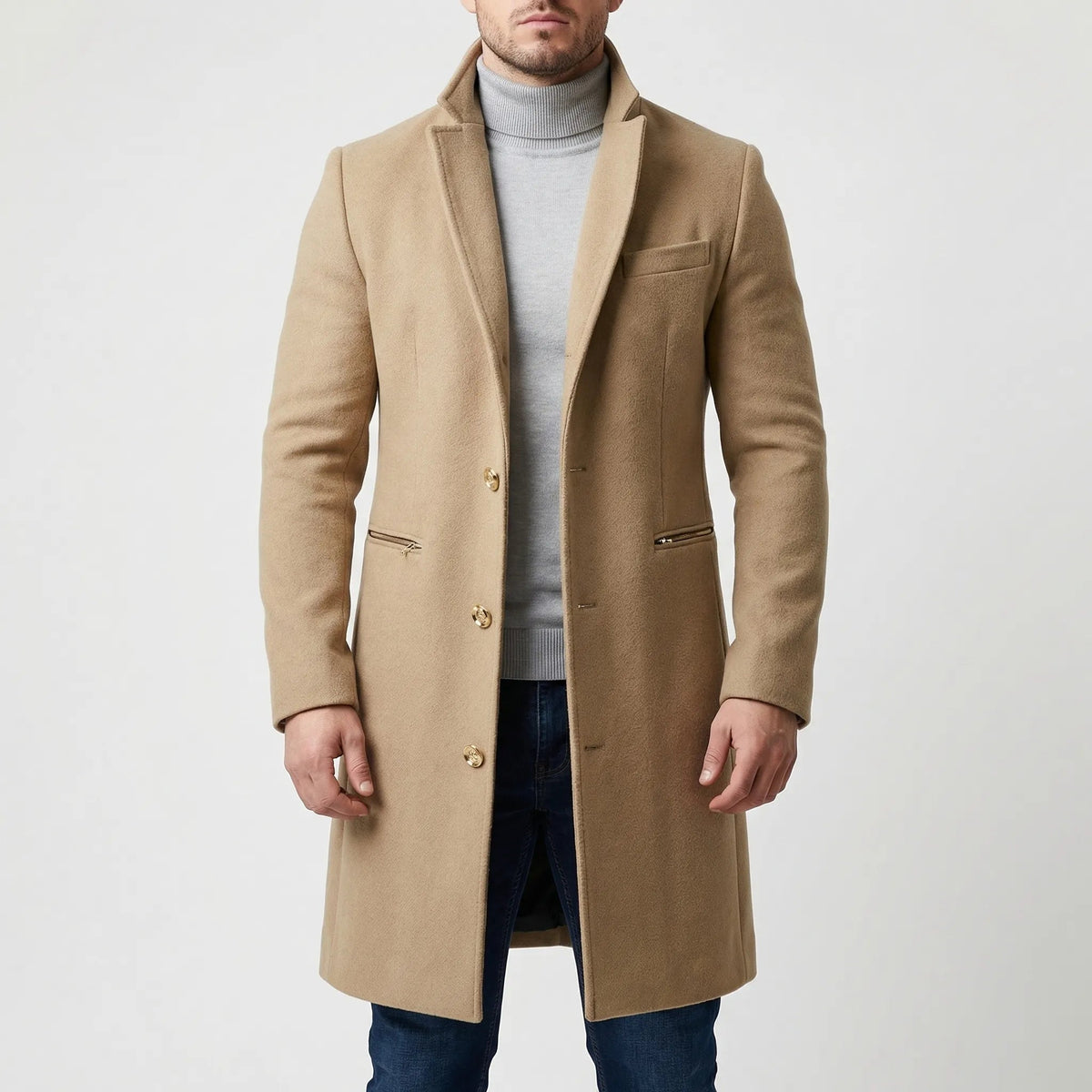 Cozy Wool Long Overcoat for Men with Notched Lapel Long Sleeve Button Front Tailored Winter Style