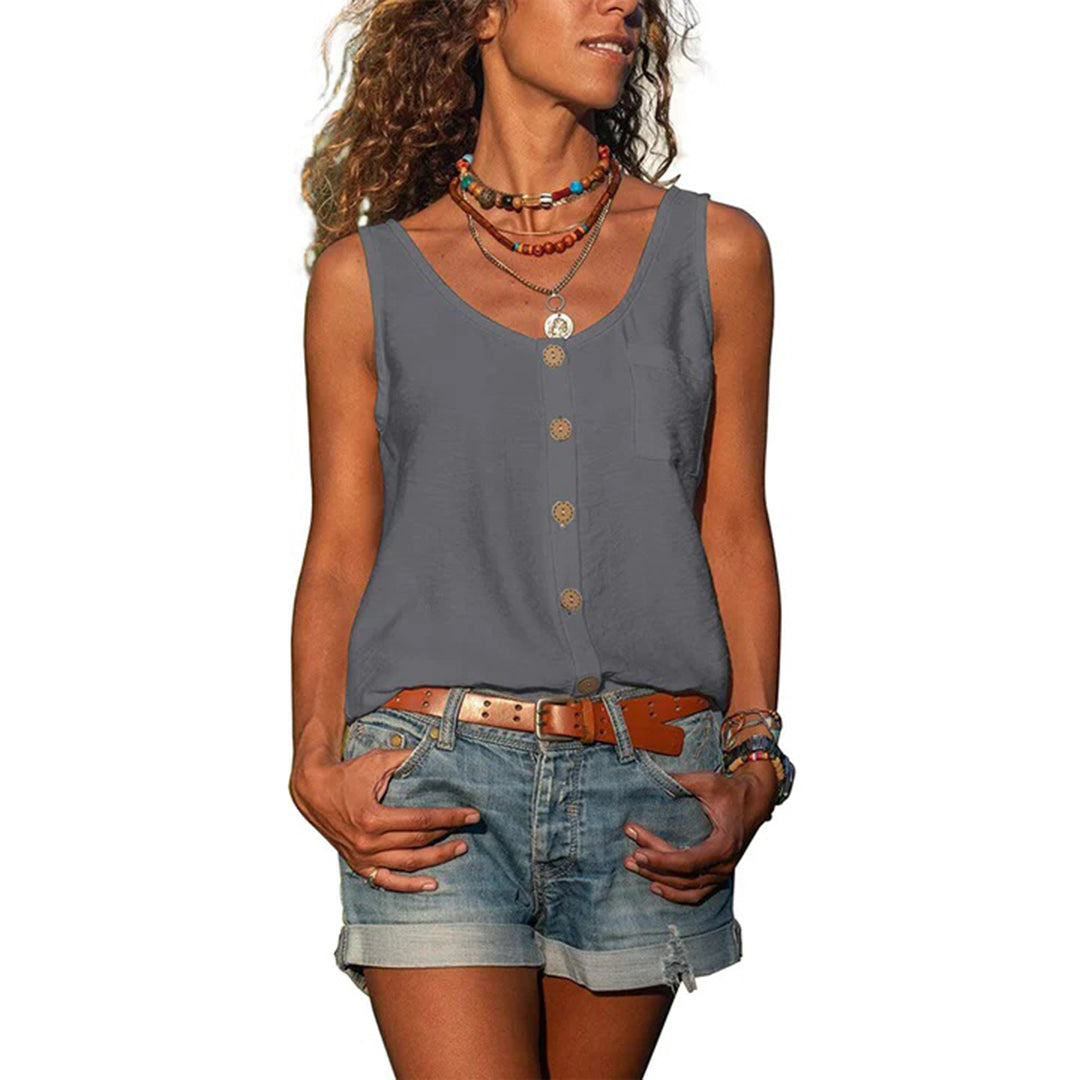 Effortless Button Front Tank Top for Women with Scoop Neck Sleeveless Relaxed Bohemian Style