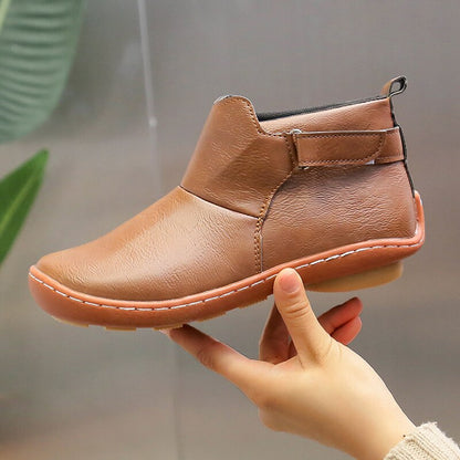 Comfortable Brown Leather Women's Boots with Round Toe Pull Tab Stacked Heel Western Style