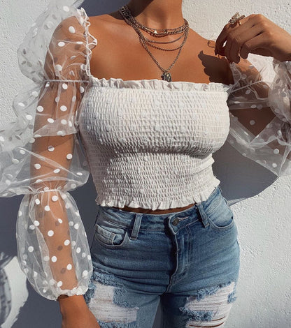 Effortless Polka Dot Mesh Going Out Top for Women with Square Neck Sheer Puff Sleeve Smocked Style