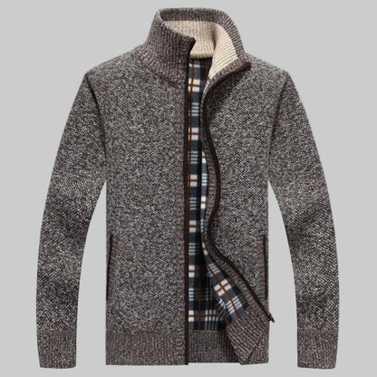 Cozy Marled Knit Zip Sweater for Men with Stand Collar Long Sleeve Full Zip Pocket Winter Style