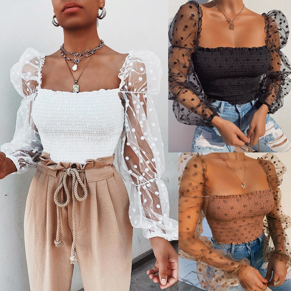 Effortless Polka Dot Mesh Going Out Top for Women with Square Neck Sheer Puff Sleeve Smocked Style