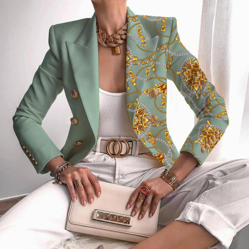 Elegant Blazer for Women with Notched Lapel Long Sleeve Contrast Panel Double Breasted Style