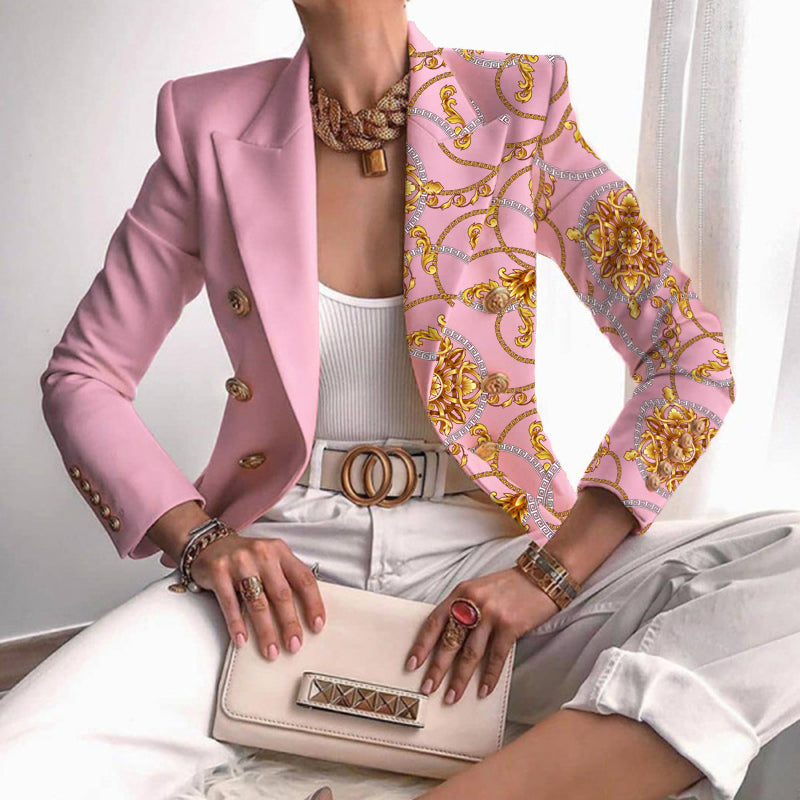 Elegant Blazer for Women with Notched Lapel Long Sleeve Contrast Panel Double Breasted Style