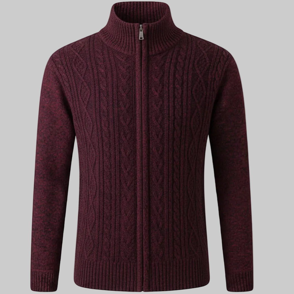 Cozy Marled Knit Zip Sweater for Men with Stand Collar Long Sleeve Full Zip Pocket Winter Style