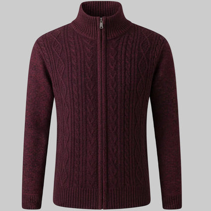 Cozy Marled Knit Zip Sweater for Men with Stand Collar Long Sleeve Full Zip Pocket Winter Style