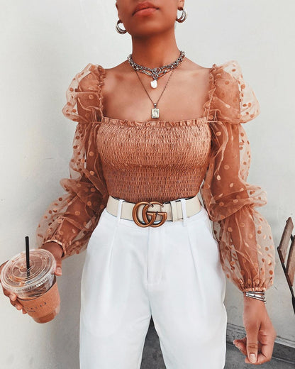 Effortless Polka Dot Mesh Going Out Top for Women with Square Neck Sheer Puff Sleeve Smocked Style