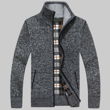 Cozy Marled Knit Zip Sweater for Men with Stand Collar Long Sleeve Full Zip Pocket Winter Style