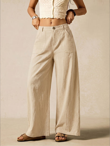 Effortless Linen Wide Leg Trousers for Women with High Waist Button Front Relaxed Casual Style