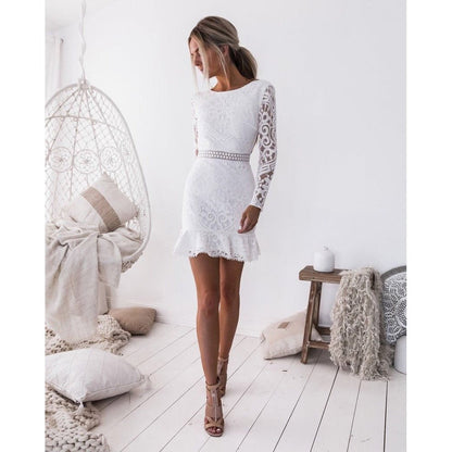 Elegant White Lace Mini Dress for Women with Round Neck Long Sleeve Open Back Ruffle Hem Cocktail Style