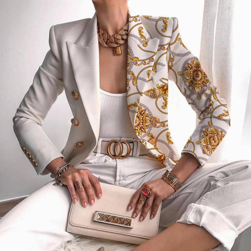 Elegant Blazer for Women with Notched Lapel Long Sleeve Contrast Panel Double Breasted Style