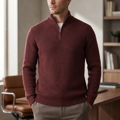 Cozy Ribbed Knit Half-Zip Sweater for Men with Stand Collar Long Sleeve Pullover Winter Style