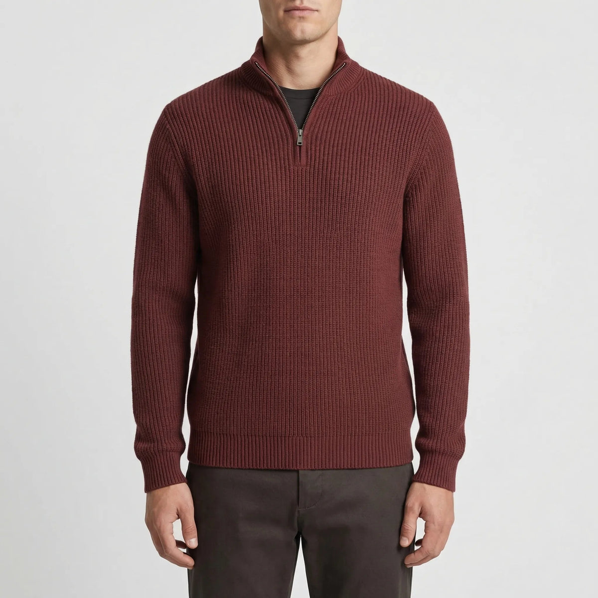 Cozy Ribbed Knit Half-Zip Sweater for Men with Stand Collar Long Sleeve Pullover Winter Style