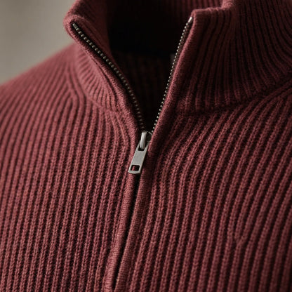 Cozy Ribbed Knit Half-Zip Sweater for Men with Stand Collar Long Sleeve Pullover Winter Style