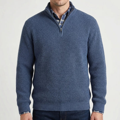 Cozy Ribbed Knit Half-Zip Sweater for Men with Stand Collar Long Sleeve Pullover Winter Style