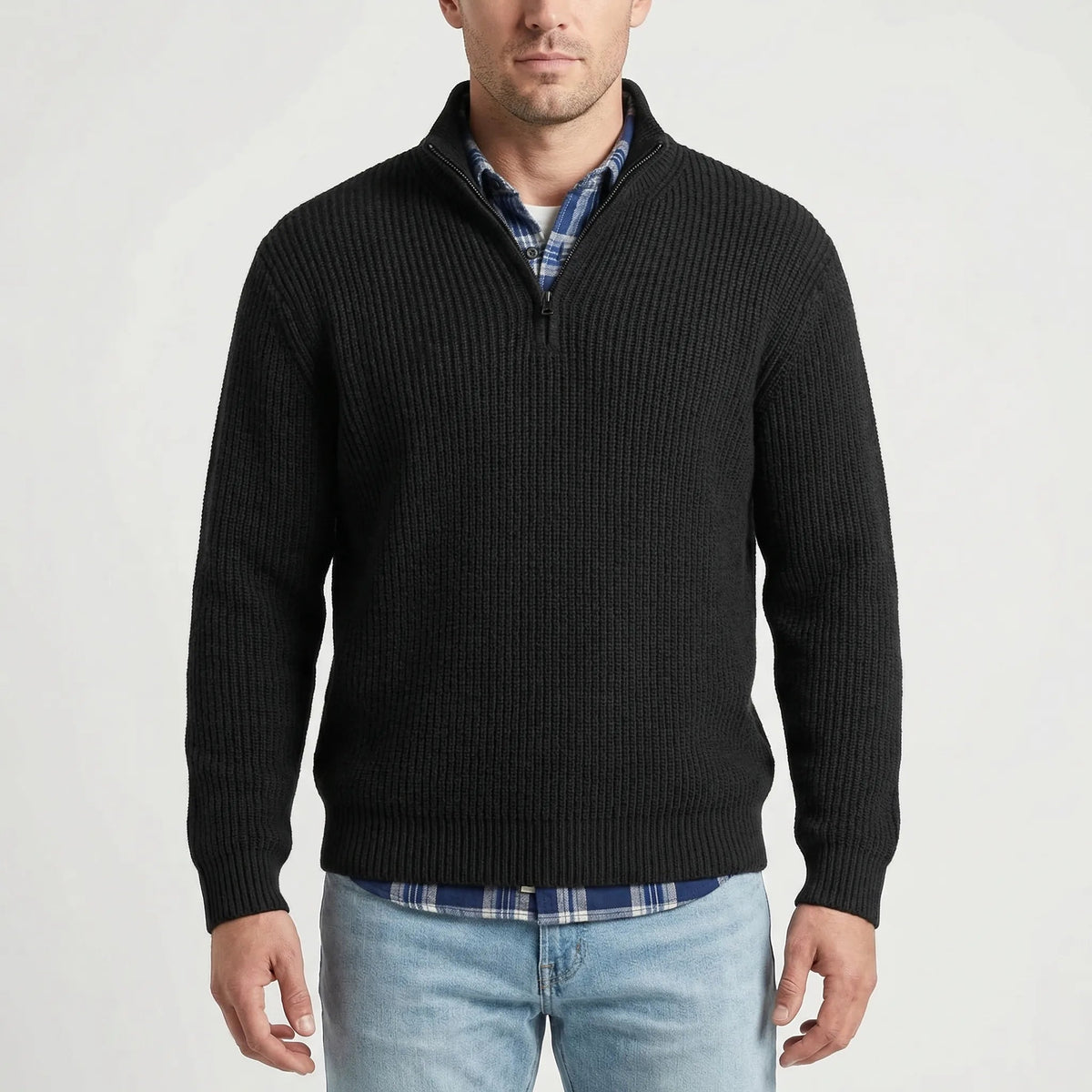 Cozy Ribbed Knit Half-Zip Sweater for Men with Stand Collar Long Sleeve Pullover Winter Style