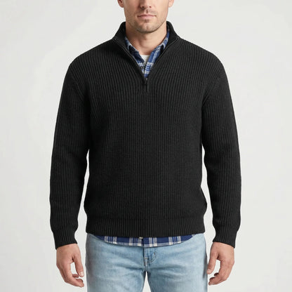 Cozy Ribbed Knit Half-Zip Sweater for Men with Stand Collar Long Sleeve Pullover Winter Style