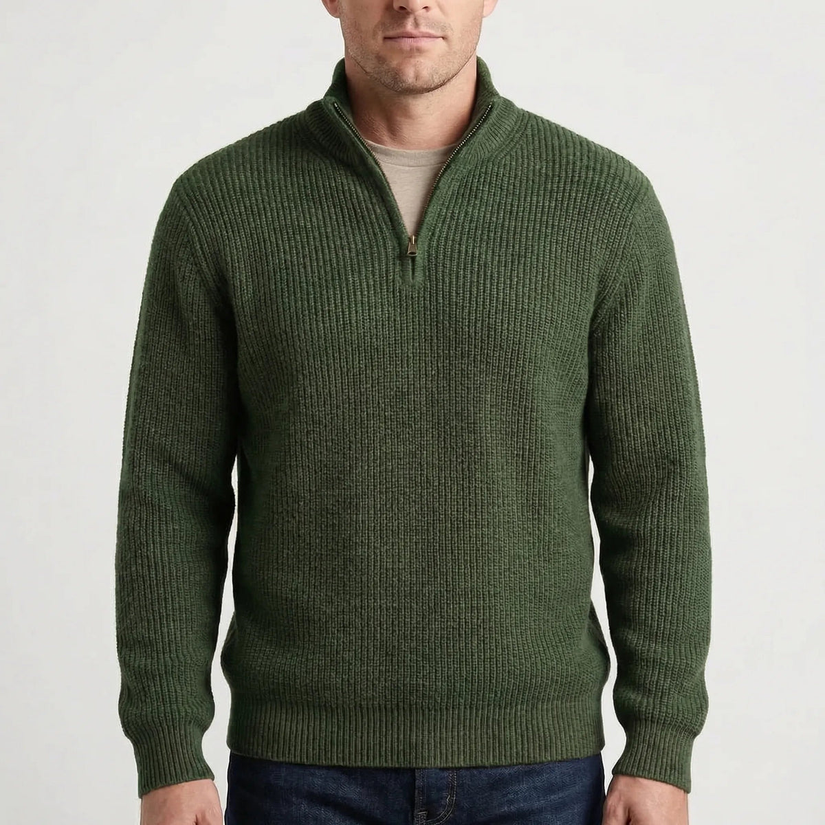 Cozy Ribbed Knit Half-Zip Sweater for Men with Stand Collar Long Sleeve Pullover Winter Style