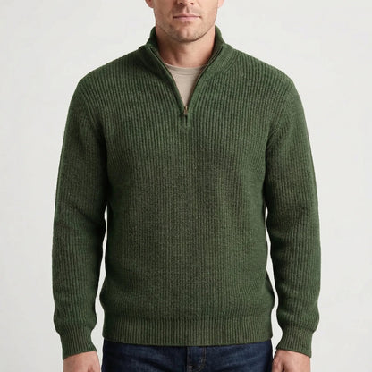 Cozy Ribbed Knit Half-Zip Sweater for Men with Stand Collar Long Sleeve Pullover Winter Style