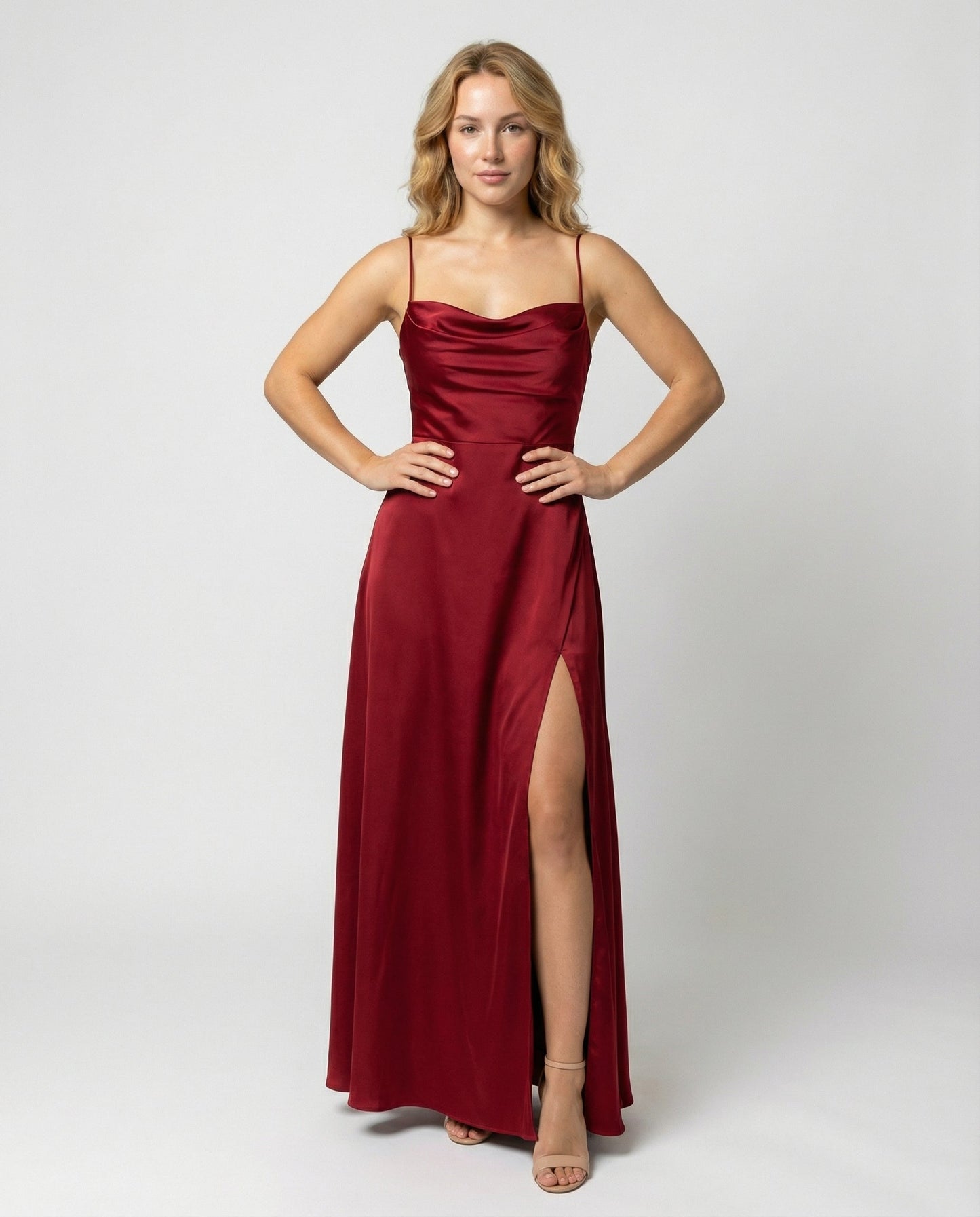 Elegant Burgundy Wedding Guest Dress for Women with Cowl Neck Spaghetti Strap Lace Up Back High Slit Flowing Style