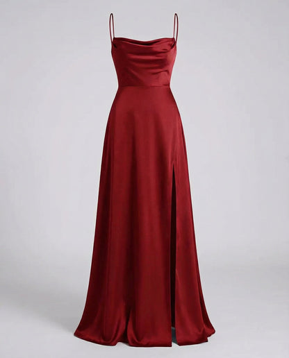 Elegant Burgundy Wedding Guest Dress for Women with Cowl Neck Spaghetti Strap Lace Up Back High Slit Flowing Style