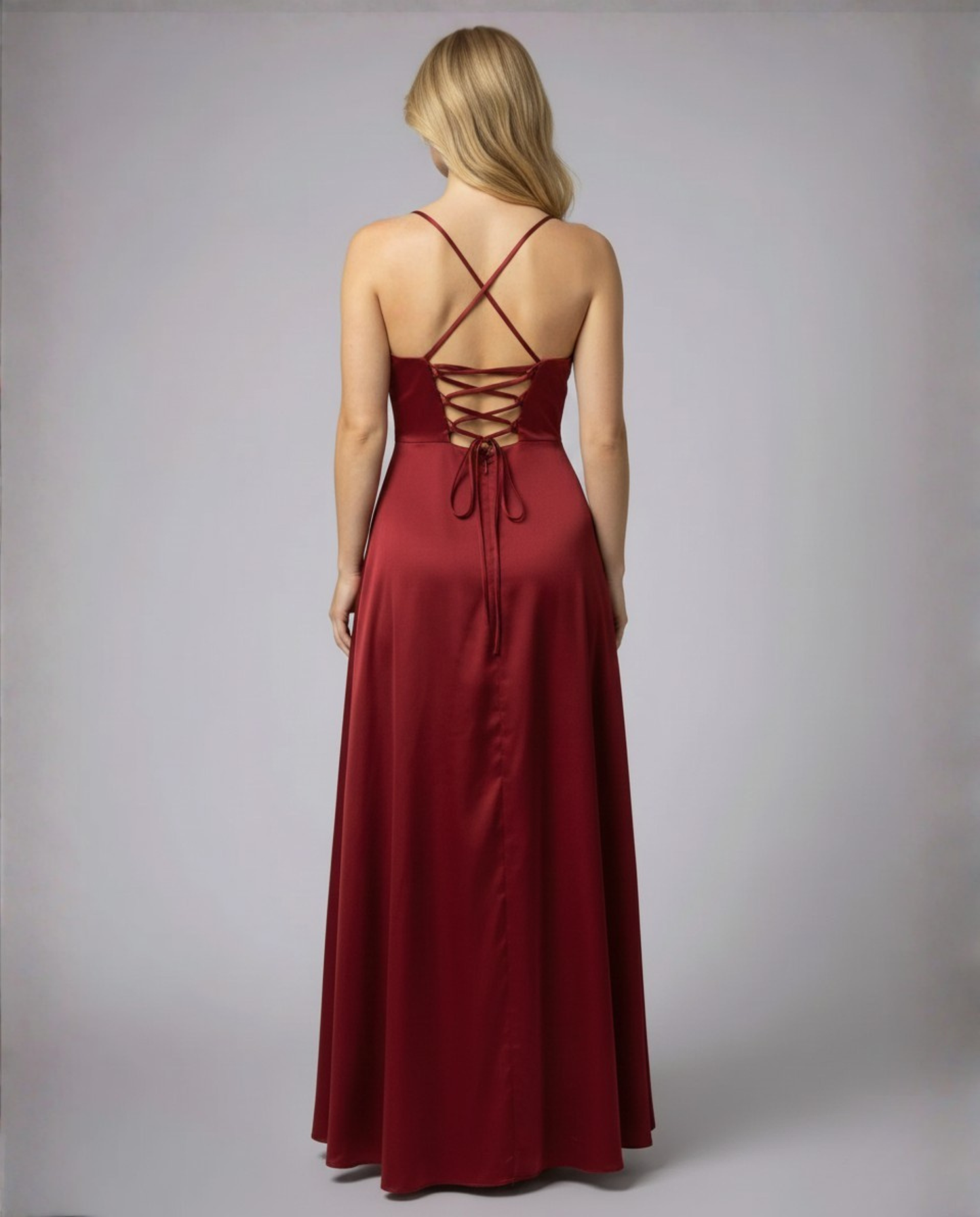 Elegant Burgundy Wedding Guest Dress for Women with Cowl Neck Spaghetti Strap Lace Up Back High Slit Flowing Style