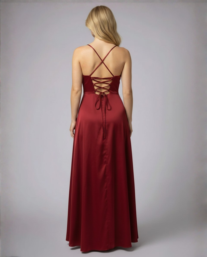 Elegant Burgundy Wedding Guest Dress for Women with Cowl Neck Spaghetti Strap Lace Up Back High Slit Flowing Style