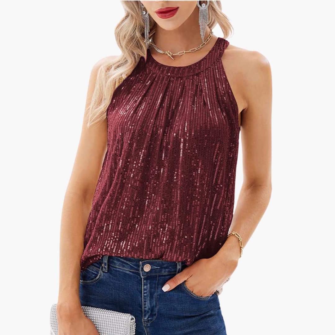Elegant Sequin Halter Top for Women with High Neck Sleeveless Shimmer Pleated Party Style