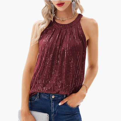Elegant Sequin Halter Top for Women with High Neck Sleeveless Shimmer Pleated Party Style