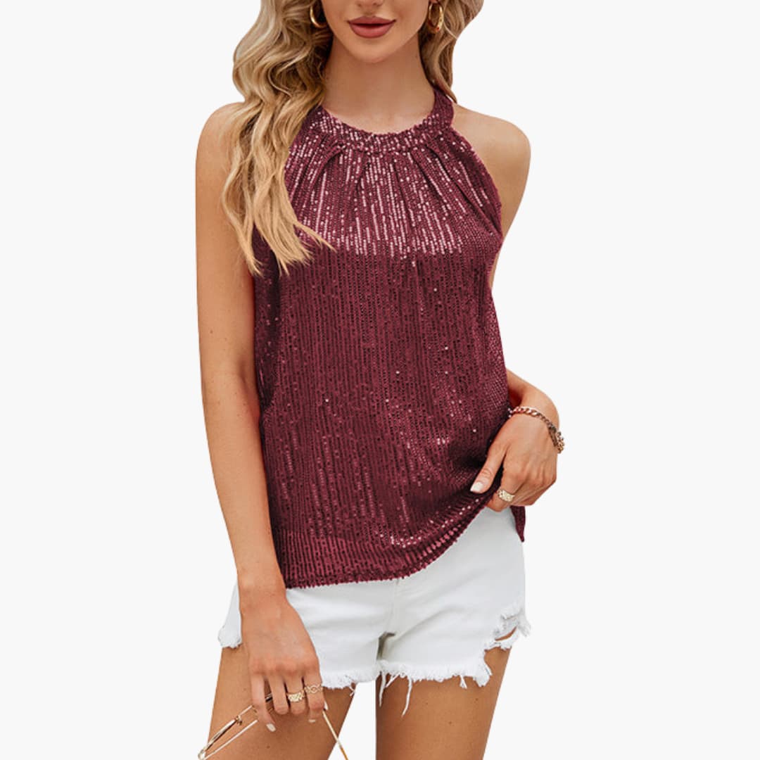 Elegant Sequin Halter Top for Women with High Neck Sleeveless Shimmer Pleated Party Style