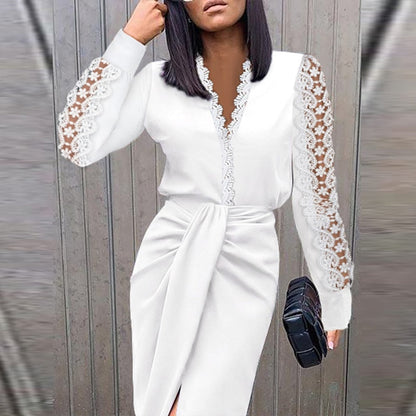 Elegant Lace Trim Cocktail Dress for Women with V Neck Long Sleeve Ruched Wrap Bodycon Style