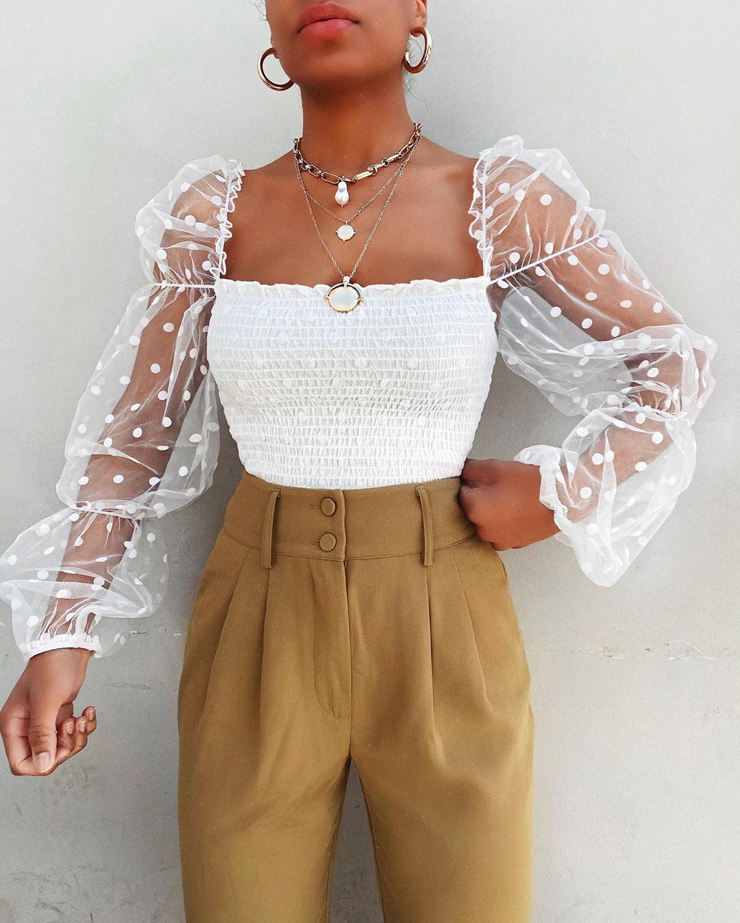 Effortless Polka Dot Mesh Going Out Top for Women with Square Neck Sheer Puff Sleeve Smocked Style