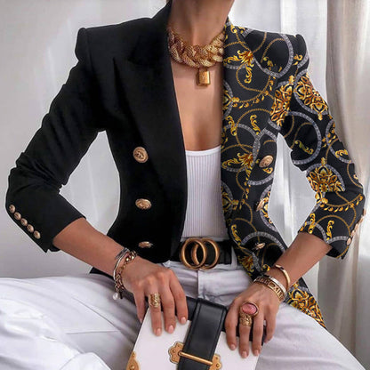 Elegant Blazer for Women with Notched Lapel Long Sleeve Contrast Panel Double Breasted Style