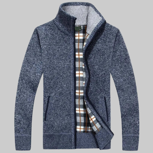 Cozy Marled Knit Zip Sweater for Men with Stand Collar Long Sleeve Full Zip Pocket Winter Style