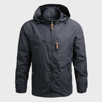 Rugged Waterproof Hooded Rain Jacket for Men with Drawcord Hood Long Sleeve Zip Outdoor Style