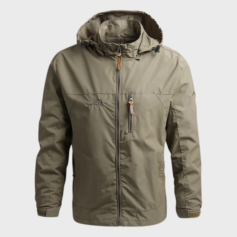 Rugged Waterproof Hooded Rain Jacket for Men with Drawcord Hood Long Sleeve Zip Outdoor Style