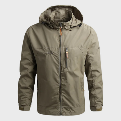 Rugged Waterproof Hooded Rain Jacket for Men with Drawcord Hood Long Sleeve Zip Outdoor Style