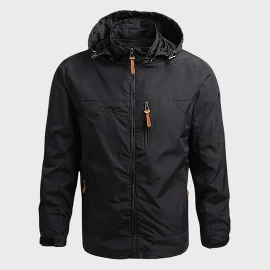 Rugged Waterproof Hooded Rain Jacket for Men with Drawcord Hood Long Sleeve Zip Outdoor Style