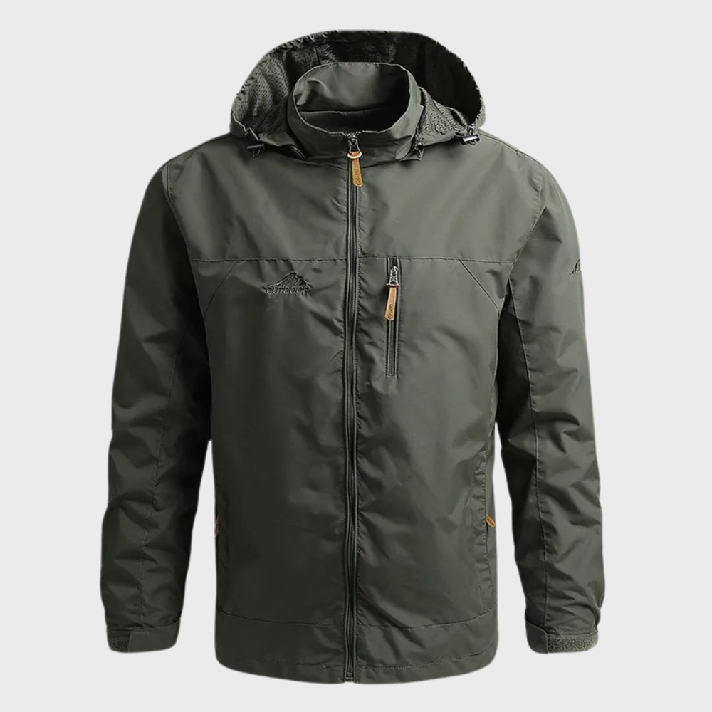 Rugged Waterproof Hooded Rain Jacket for Men with Drawcord Hood Long Sleeve Zip Outdoor Style