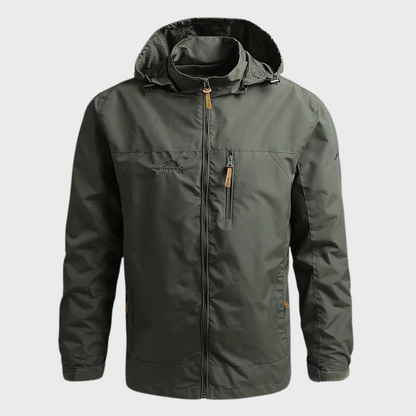 Rugged Waterproof Hooded Rain Jacket for Men with Drawcord Hood Long Sleeve Zip Outdoor Style