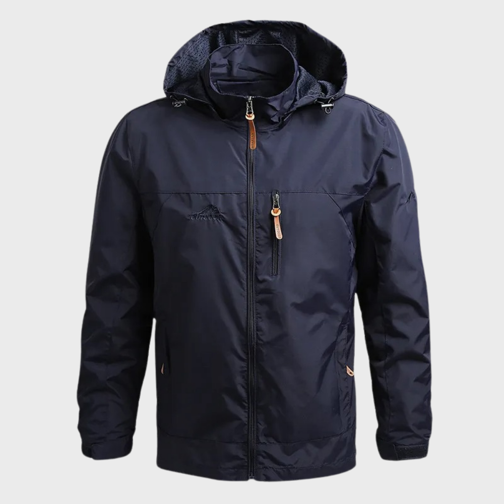 Rugged Waterproof Hooded Rain Jacket for Men with Drawcord Hood Long Sleeve Zip Outdoor Style
