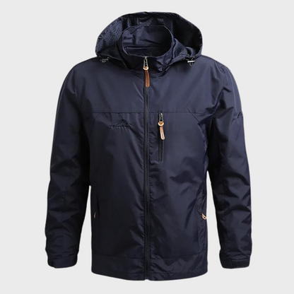 Rugged Waterproof Hooded Rain Jacket for Men with Drawcord Hood Long Sleeve Zip Outdoor Style