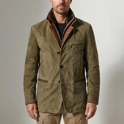 Rugged Faux Suede Field Jacket for Men with Stand Collar Long Sleeve Button Front Leather Trim Style